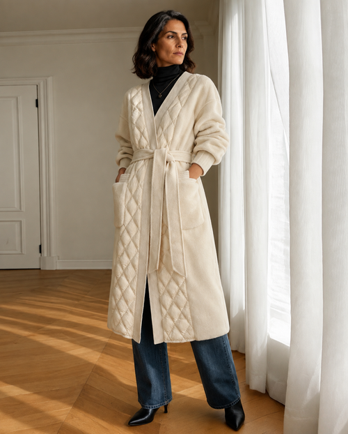 Women's Belted Diamond-Quilted Mid-Length Coat in Creamy White, 02 standing lifestyle, worn by model