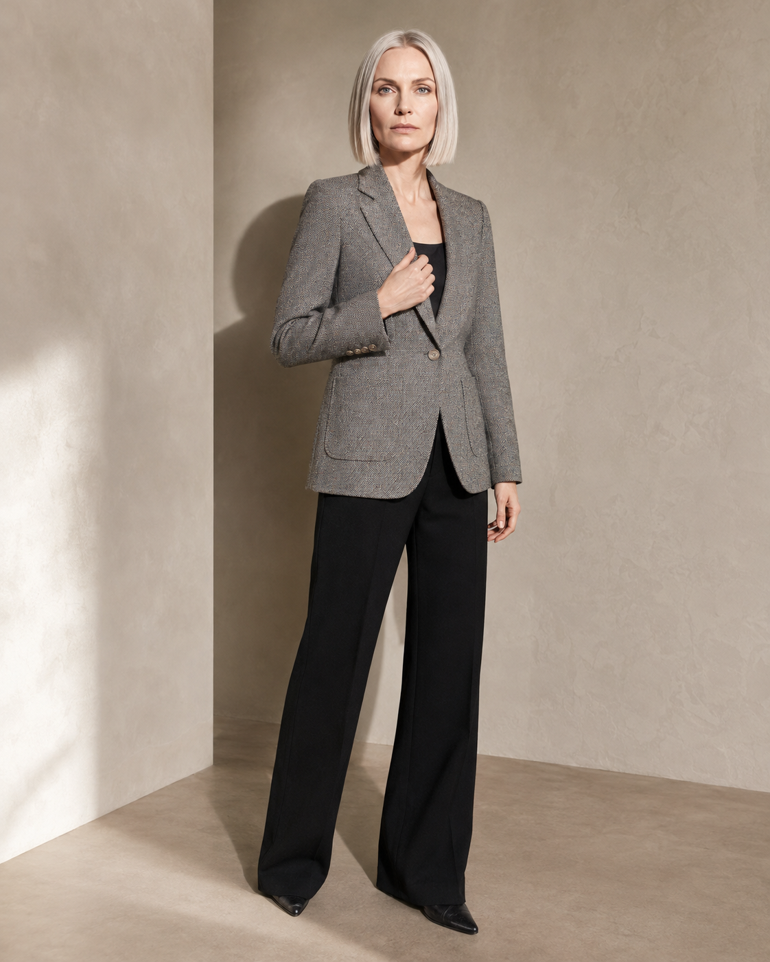 Women's Textured Single-Button Blazer for Smart Layering in Gray, 02 standing lifestyle, worn by model