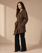 Women's Belted Wool Coat with Chest Flap Pockets in Brown, 02 standing lifestyle, worn by model