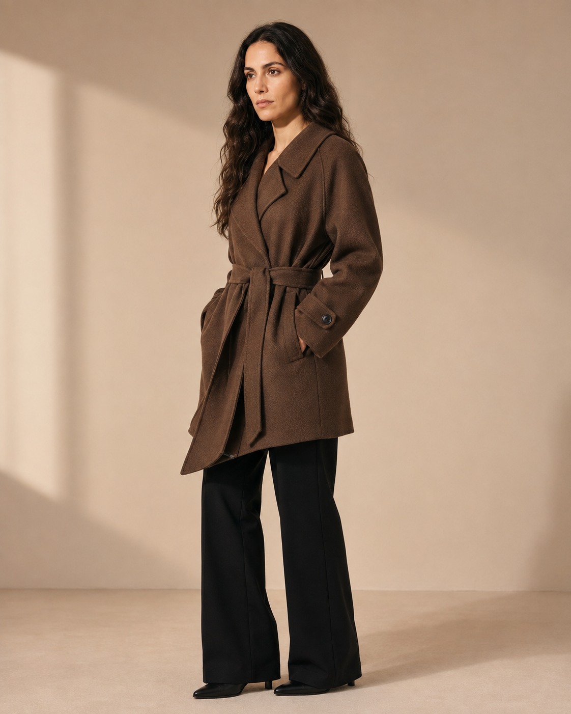 Women's Belted Wool Coat with Chest Flap Pockets in Brown, 02 standing lifestyle, worn by model