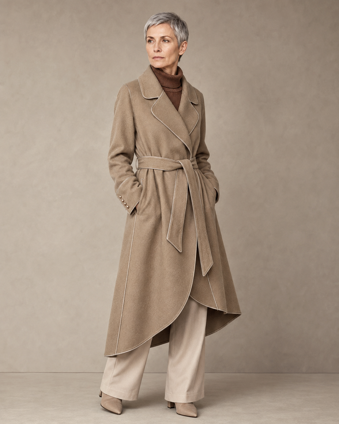 Women's Belted Wrap Coat with Draped Hem in Linen, 02 standing lifestyle, worn by model