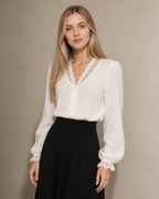 Women's V-Neck Lace Trim Button-Front Top in White, 02 standing lifestyle, worn by model