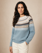 Women's Fair Isle Crewneck Knit Sweater in Sky Blue, 02 standing lifestyle, worn by model