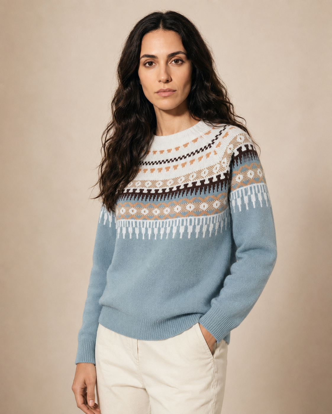 Women's Fair Isle Crewneck Knit Sweater in Sky Blue, 02 standing lifestyle, worn by model
