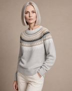 Women's Fair Isle Crewneck Knit Sweater in Light Grey, 02 standing lifestyle, worn by model