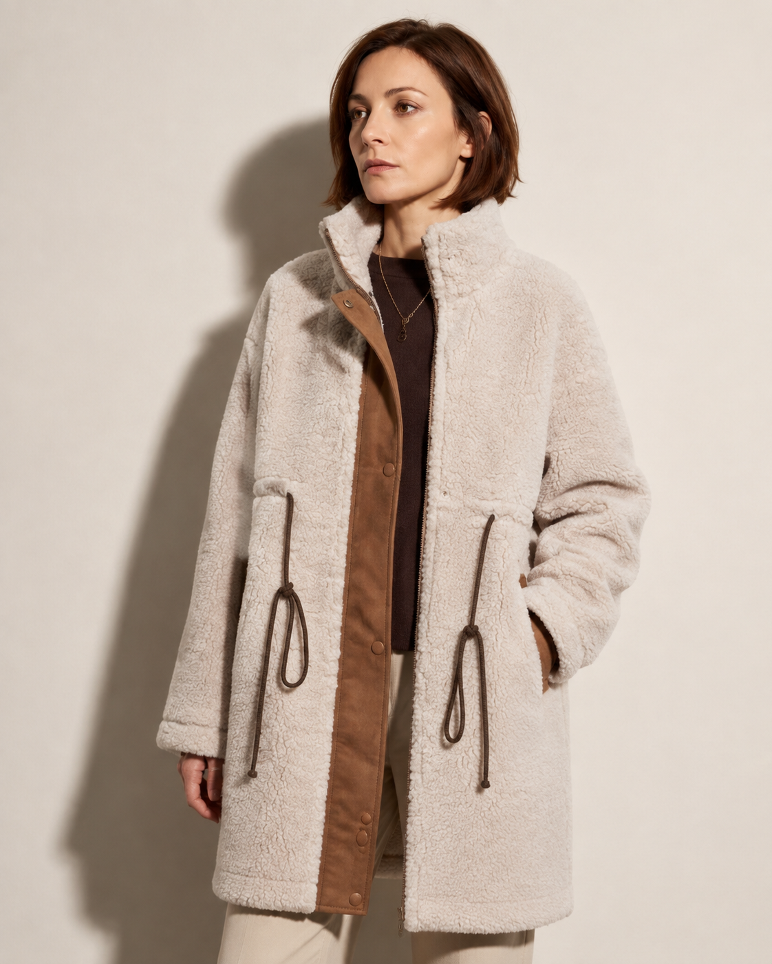 Women's Color-Block Fleece-Look Coat with Drawstrings in Picture Color, 02 standing lifestyle, worn by model