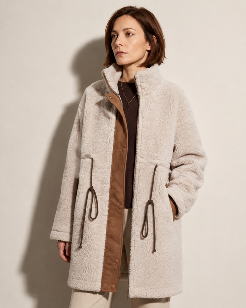 Women's Color-Block Fleece-Look Coat with Drawstrings in Picture Color, 02 standing lifestyle, worn by model