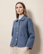 Women's Cropped Button-Front Woolen Jacket for Layering in Haze Blue, 02 standing lifestyle, worn by model