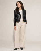 Women's Faux Leather Moto Jacket with Zip Front in Black, 02 standing lifestyle, worn by model