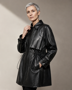 Women's Belted Leather-Look Trench Coat for Everyday Layering in Black, 02 standing lifestyle, worn by model
