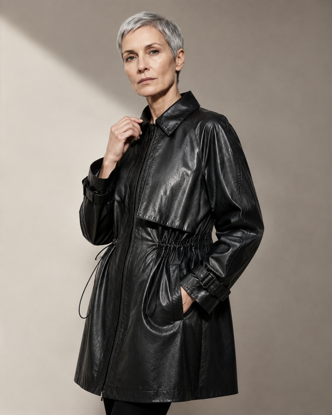 Women's Belted Leather-Look Trench Coat for Everyday Layering in Black, 02 standing lifestyle, worn by model