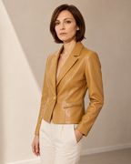 Women's Cropped Faux Leather Blazer with Lapel Collar in Yellow, 02 standing lifestyle, worn by model