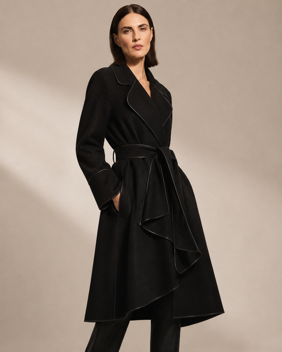 Women's Belted Wrap Coat with Draped Hem in Black, 02 standing lifestyle, worn by model