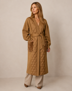 Women's Belted Diamond-Quilted Mid-Length Coat in Khaki, 02 standing lifestyle, worn by model