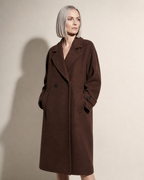 Women's Double-Breasted Long Coat with Patch Pockets in Reddish Brown, 02 standing lifestyle, worn by model