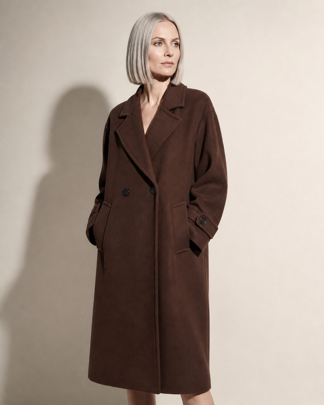 Women's Double-Breasted Long Coat with Patch Pockets in Reddish Brown, 02 standing lifestyle, worn by model