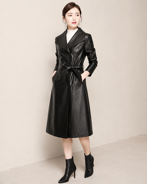 Women's Belted Trench Coat with Notched Collar in Black, 02 standing lifestyle, worn by model