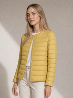 Women's Lightweight Down-Filled Quilted Jacket for Layering in Light Yellow, 02 standing lifestyle, worn by model