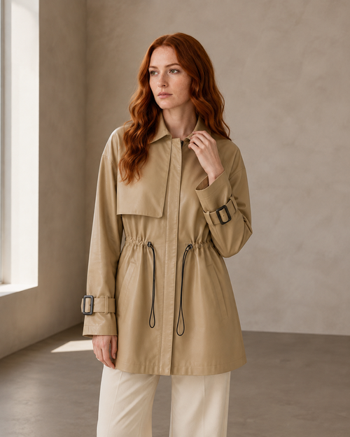Women's Belted Leather-Look Trench Coat for Everyday Layering in Beige, 02 standing lifestyle, worn by model