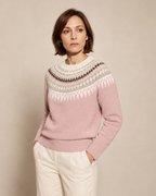 Women's Fair Isle Crewneck Knit Sweater in Pink, 02 standing lifestyle, worn by model