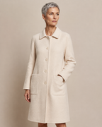 Women's Longline Lapel Coat for Everyday Layering in Off white, 02 standing lifestyle, worn by model