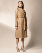 Women's Belted Trench Coat with Notched Collar in Khaki, 02 standing lifestyle, worn by model