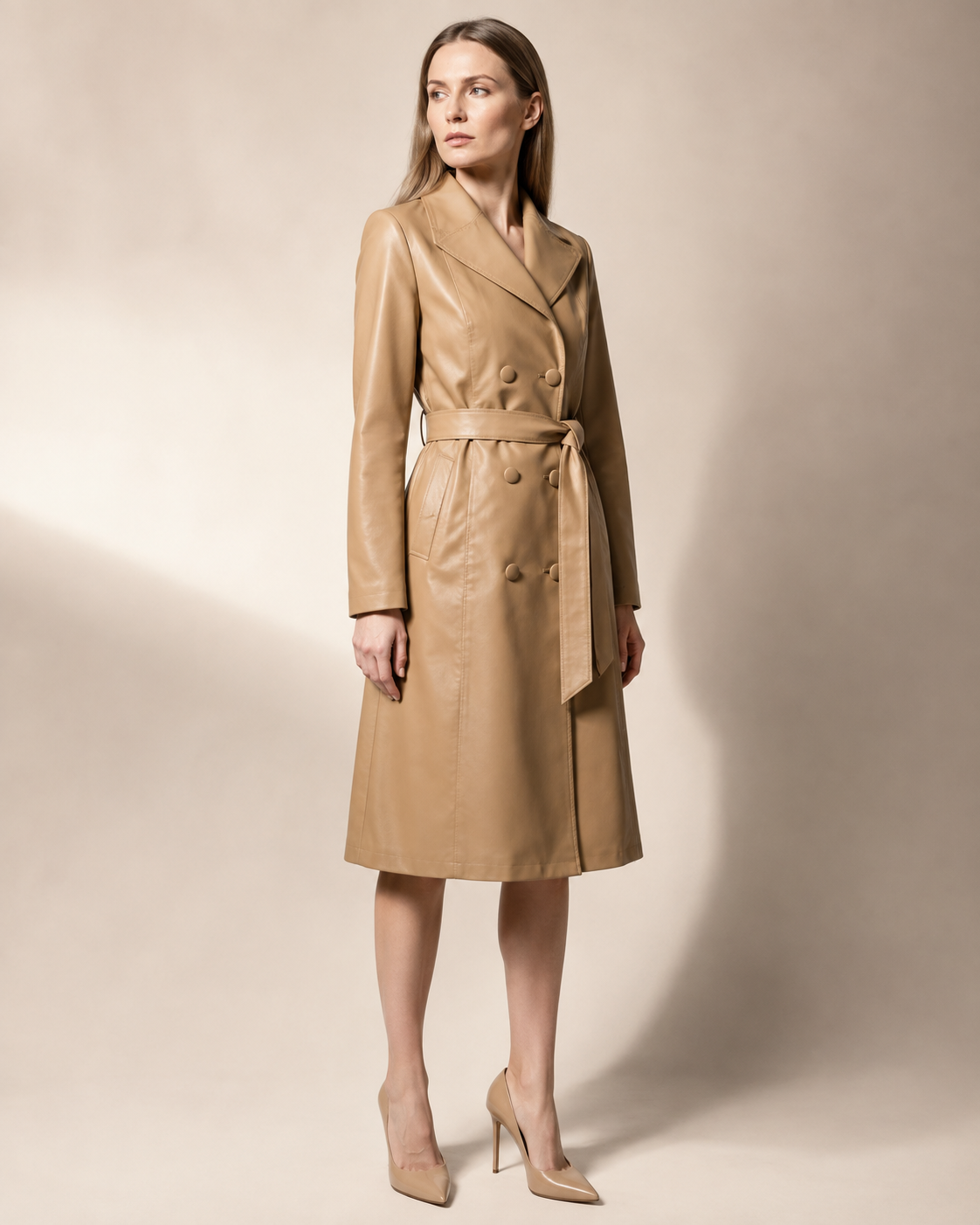 Women's Belted Trench Coat with Notched Collar in Khaki, 02 standing lifestyle, worn by model