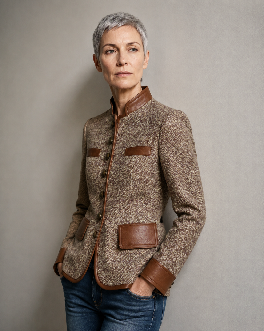 Women's Trim Detail Button Front Jacket in Brown, 02 standing lifestyle, worn by model