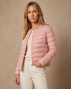 Women's Lightweight Down-Filled Quilted Jacket for Layering in Pink, 02 standing lifestyle, worn by model
