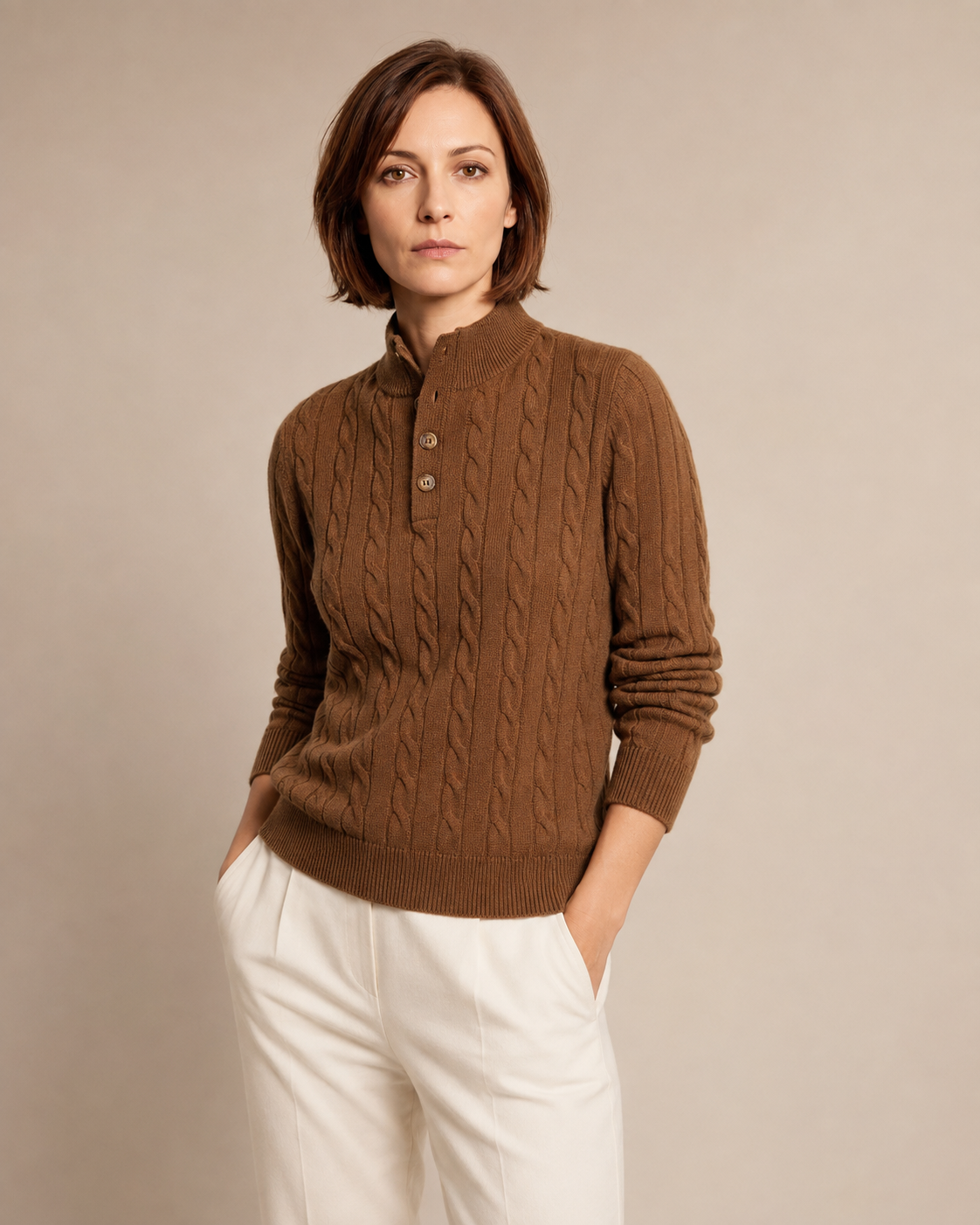 Half-height Henry Collar Button Twisted Sweater Thick Fashion Men's Knitwear in TL702 Caramel Mocha, 02 standing lifestyle, worn by model
