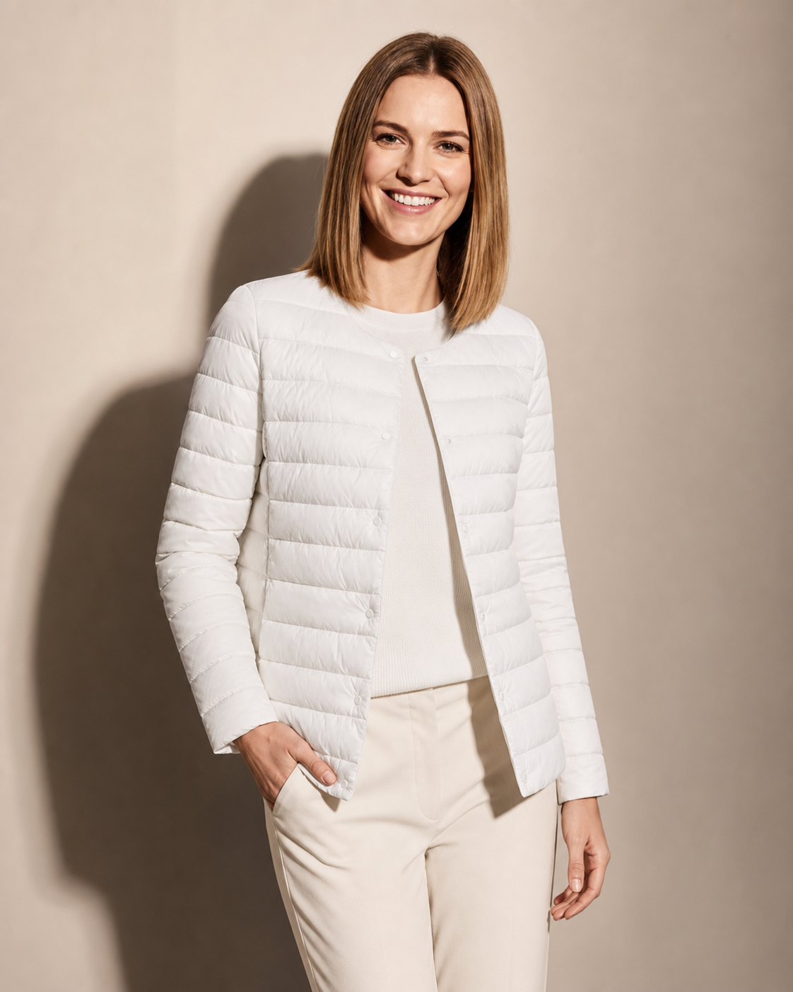 Women's Lightweight Down-Filled Quilted Jacket for Layering in White, 02 standing lifestyle, worn by model