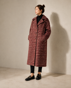 Women's Long Plaid Button-Front Coat for Smart Layering in Red, 02 standing lifestyle, worn by model