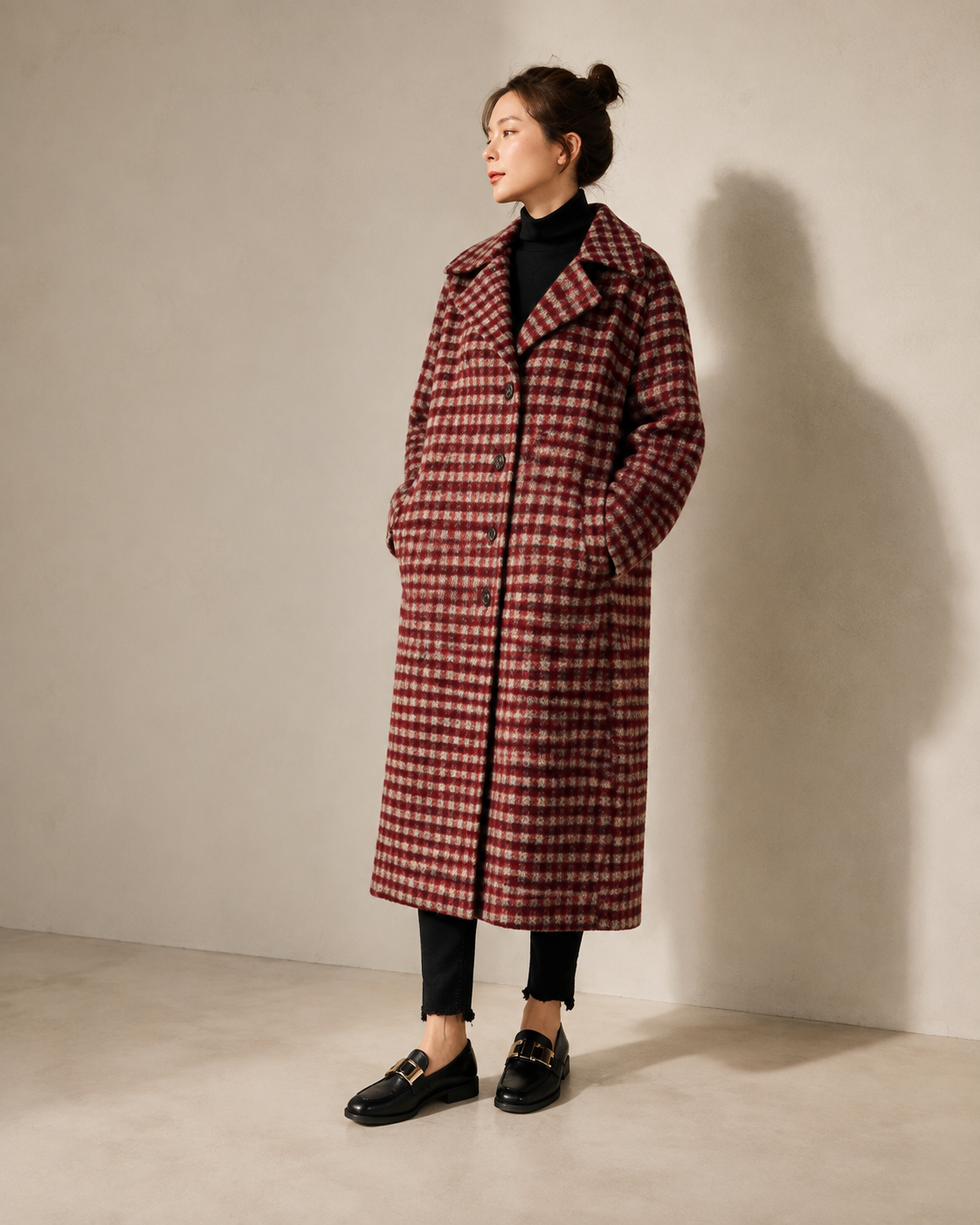 Women's Long Plaid Button-Front Coat for Smart Layering in Red, 02 standing lifestyle, worn by model