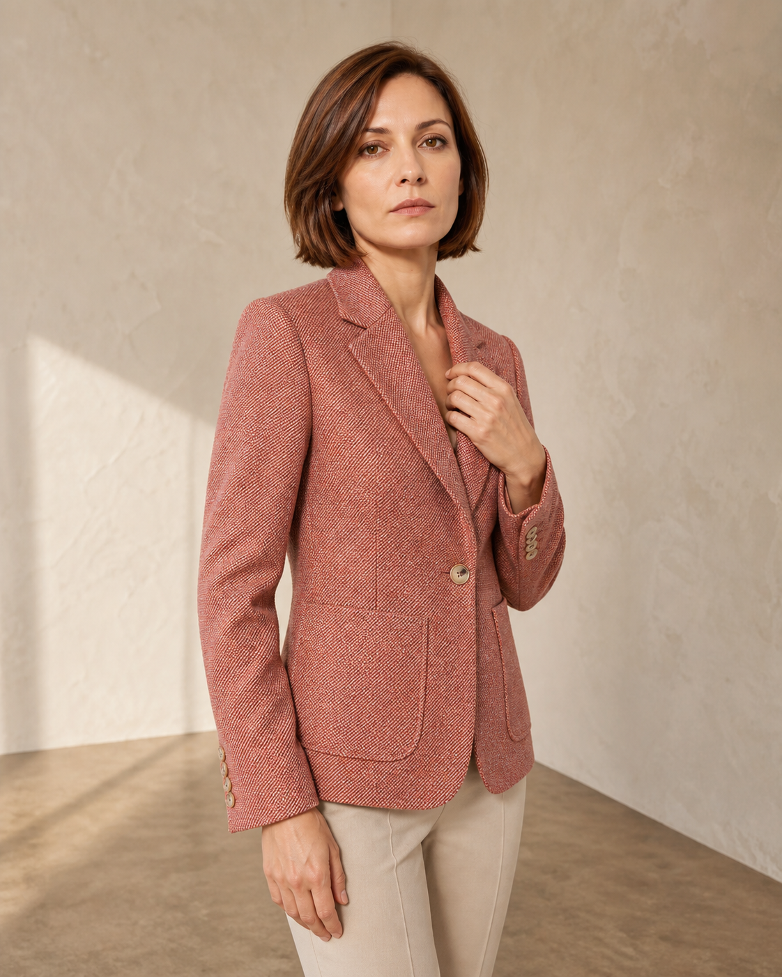 Women's Textured Single-Button Blazer for Smart Layering in Orange, 02 standing lifestyle, worn by model