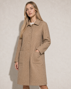 Women's Longline Lapel Coat for Everyday Layering in Camel, 02 standing lifestyle, worn by model