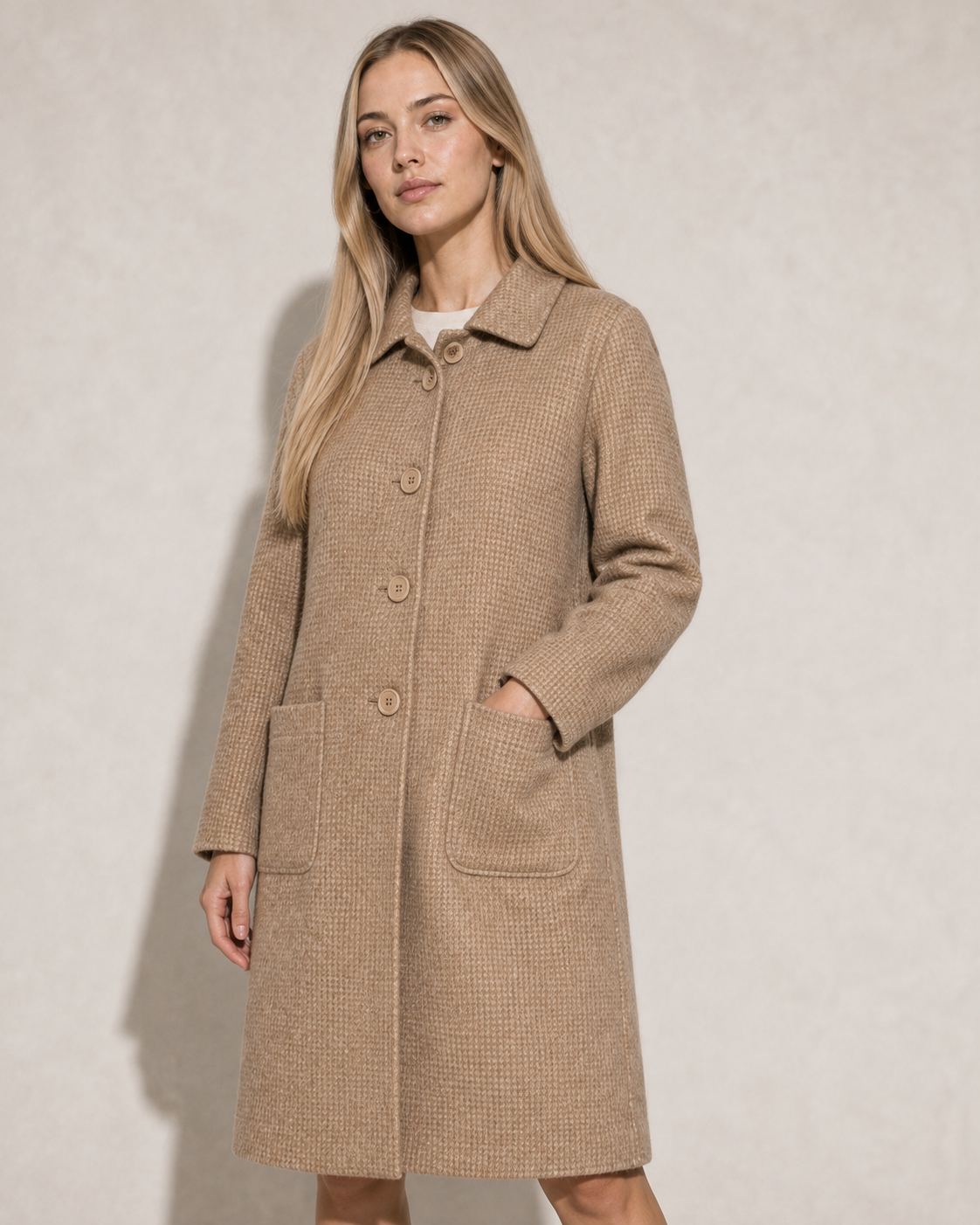 Women's Longline Lapel Coat for Everyday Layering in Camel, 02 standing lifestyle, worn by model