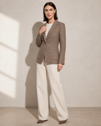 Women's Textured Single-Button Blazer for Smart Layering in Coffee, 02 standing lifestyle, worn by model