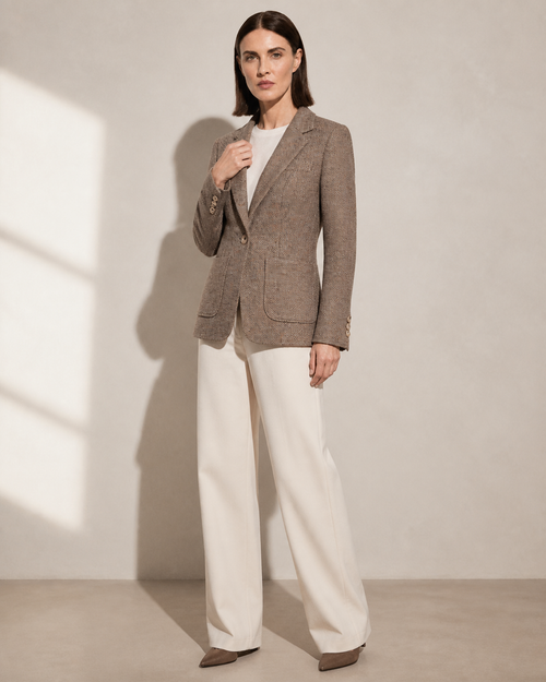 Women's Textured Single-Button Blazer for Smart Layering in Coffee, 02 standing lifestyle, worn by model