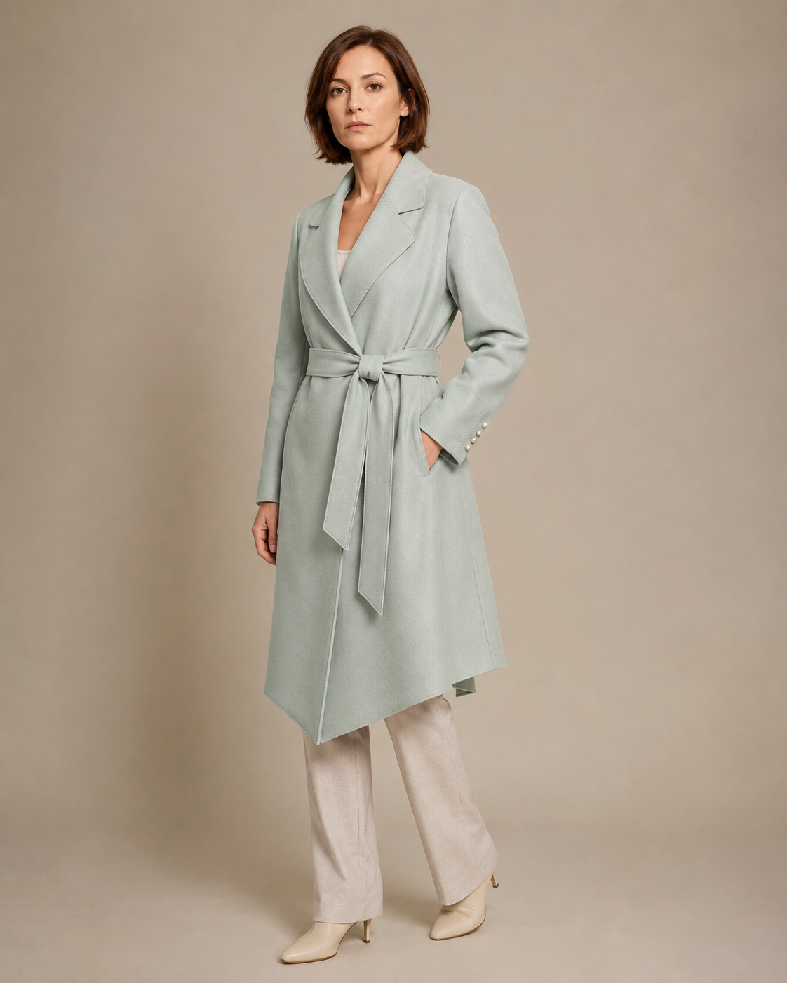 Women's Belted Wrap Coat with Draped Hem in Light Green, 02 standing lifestyle, worn by model
