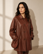 Women's Oversized Faux Leather Utility Jacket with Drawstring in Red Brown With Bag, 02 standing lifestyle, worn by model