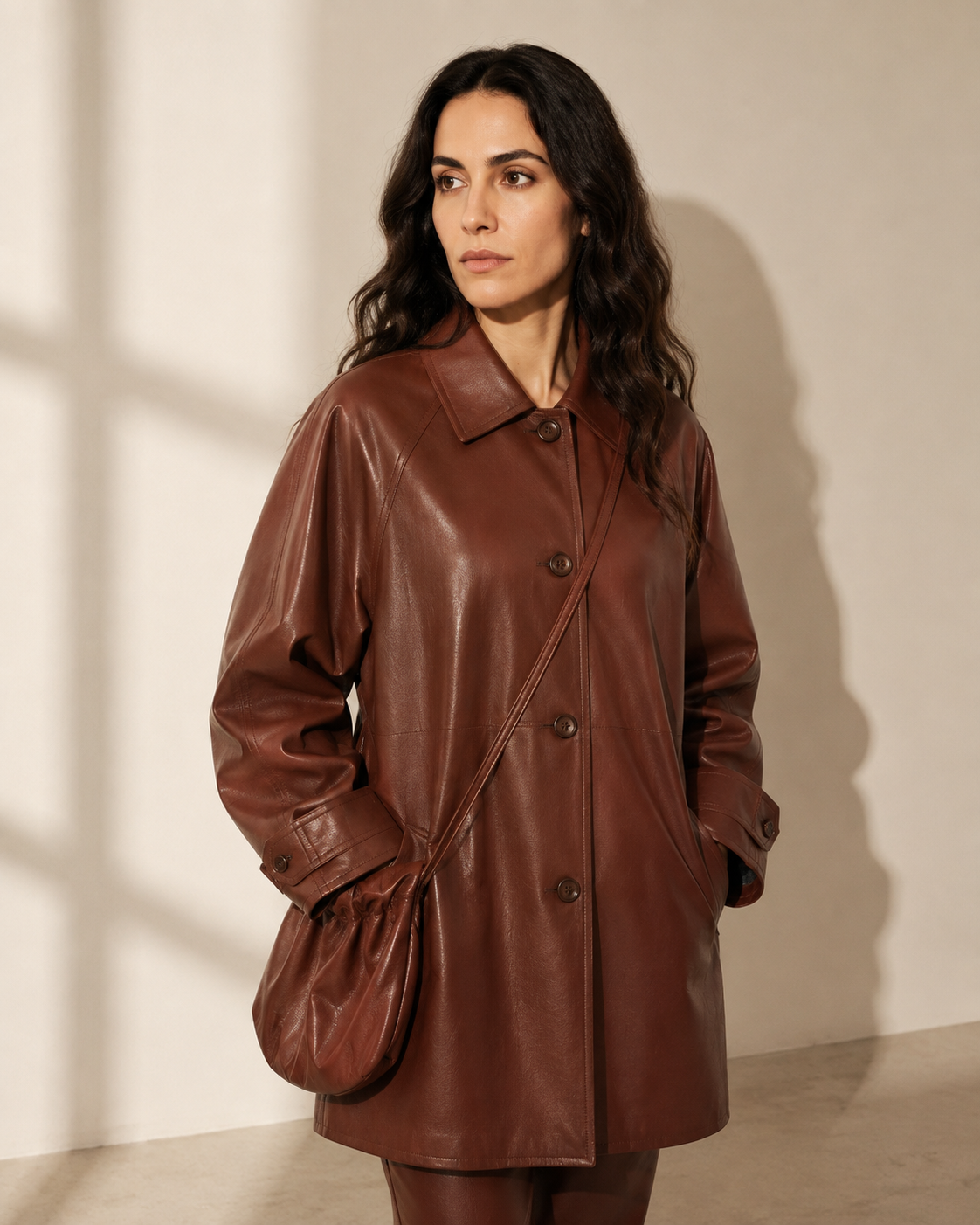 Women's Oversized Faux Leather Utility Jacket with Drawstring in Red Brown With Bag, 02 standing lifestyle, worn by model