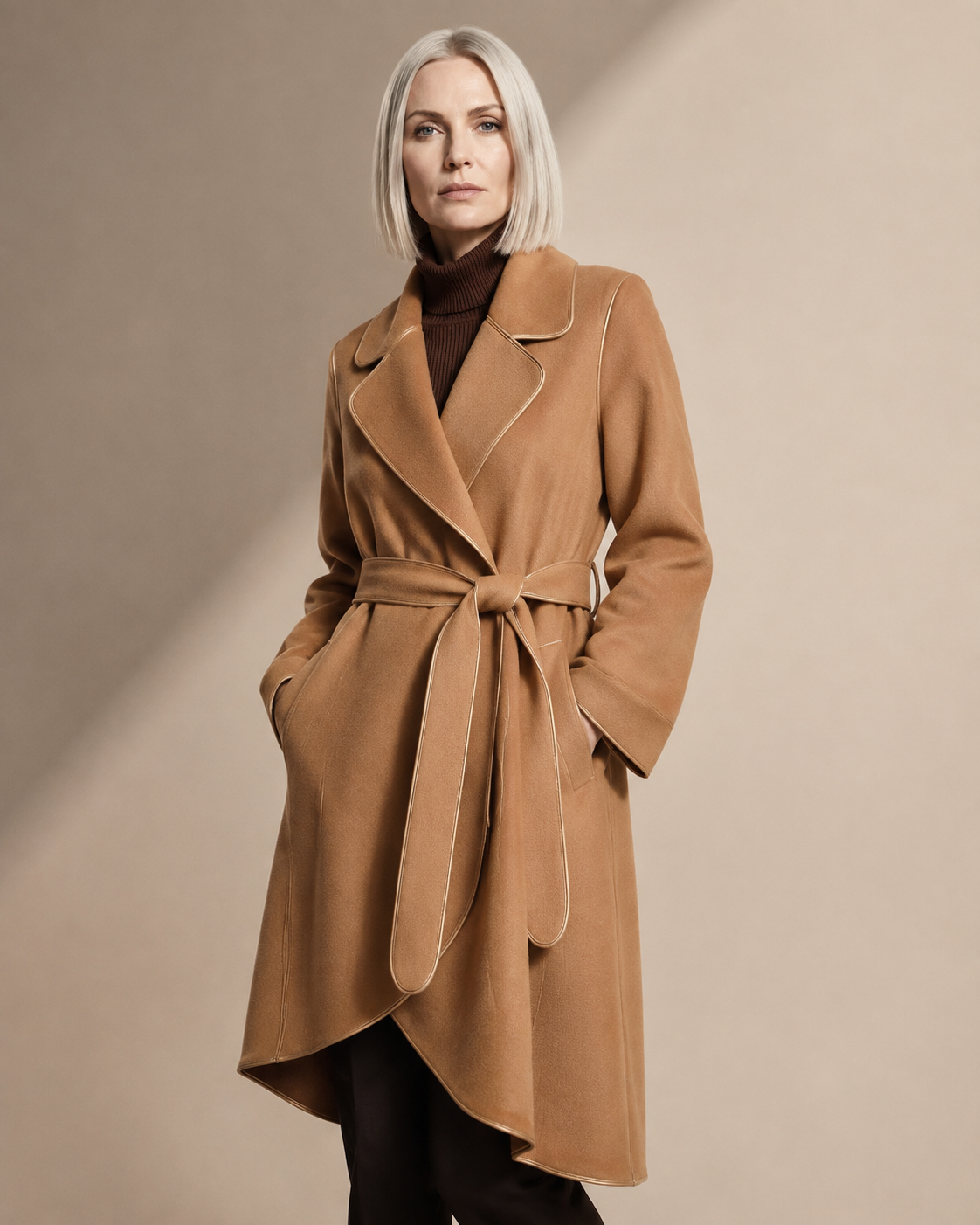 Women's Belted Wrap Coat with Draped Hem in Golden Camel, 02 standing lifestyle, worn by model