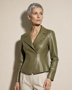 Women's Faux Leather Moto Jacket with Zip Front in Green, 02 standing lifestyle, worn by model