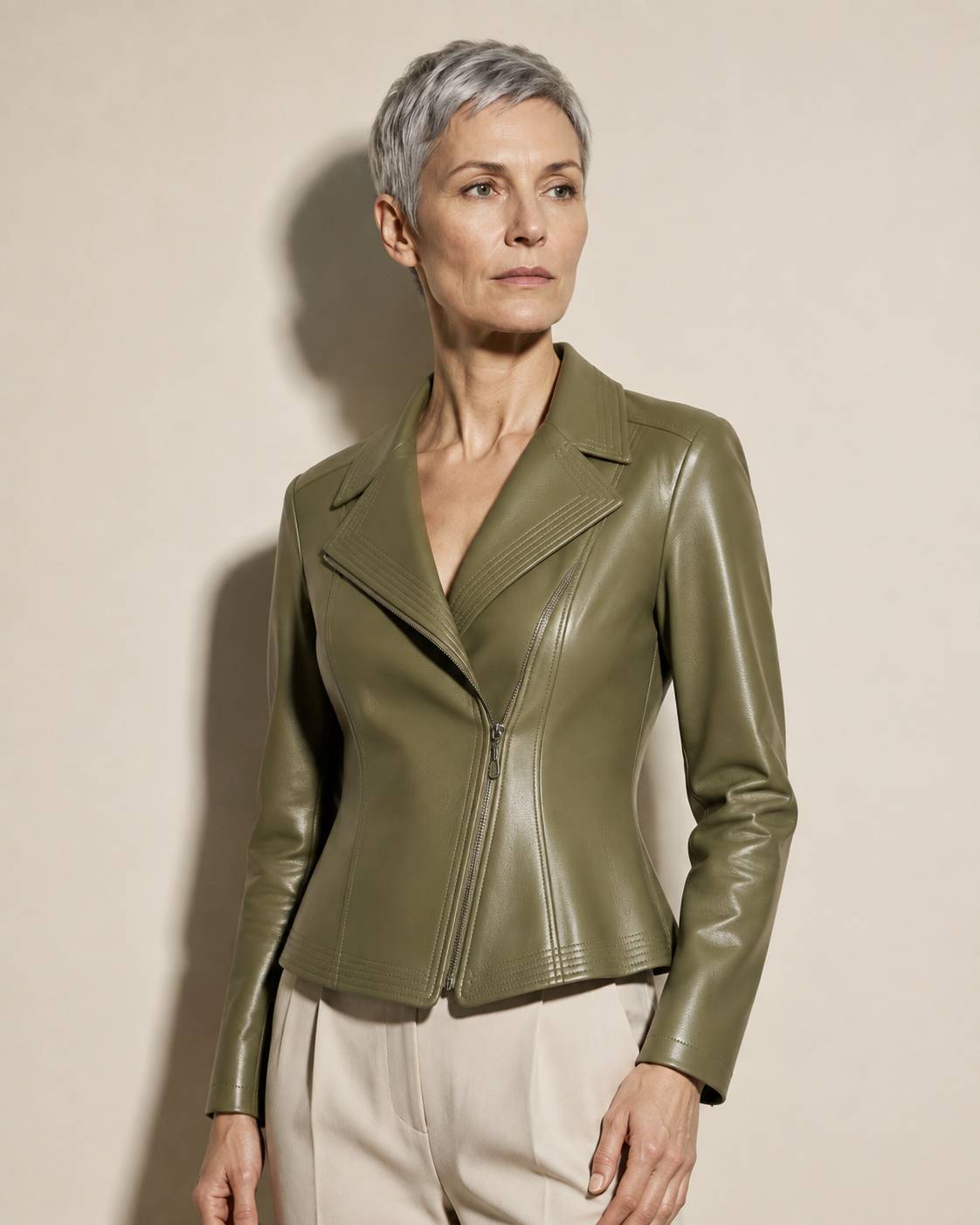 Women's Faux Leather Moto Jacket with Zip Front in Green, 02 standing lifestyle, worn by model