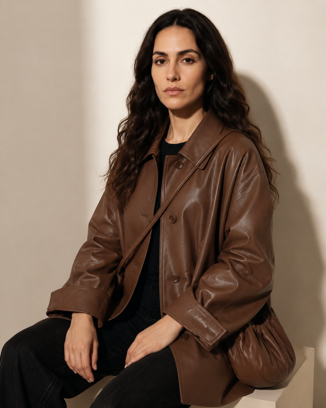 Women's Oversized Faux Leather Utility Jacket with Drawstring in Red Brown With Bag, 03 seated or leaning, worn by model