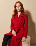 Women's Belted Wrap Coat with Draped Hem in Red, 03 seated or leaning, worn by model