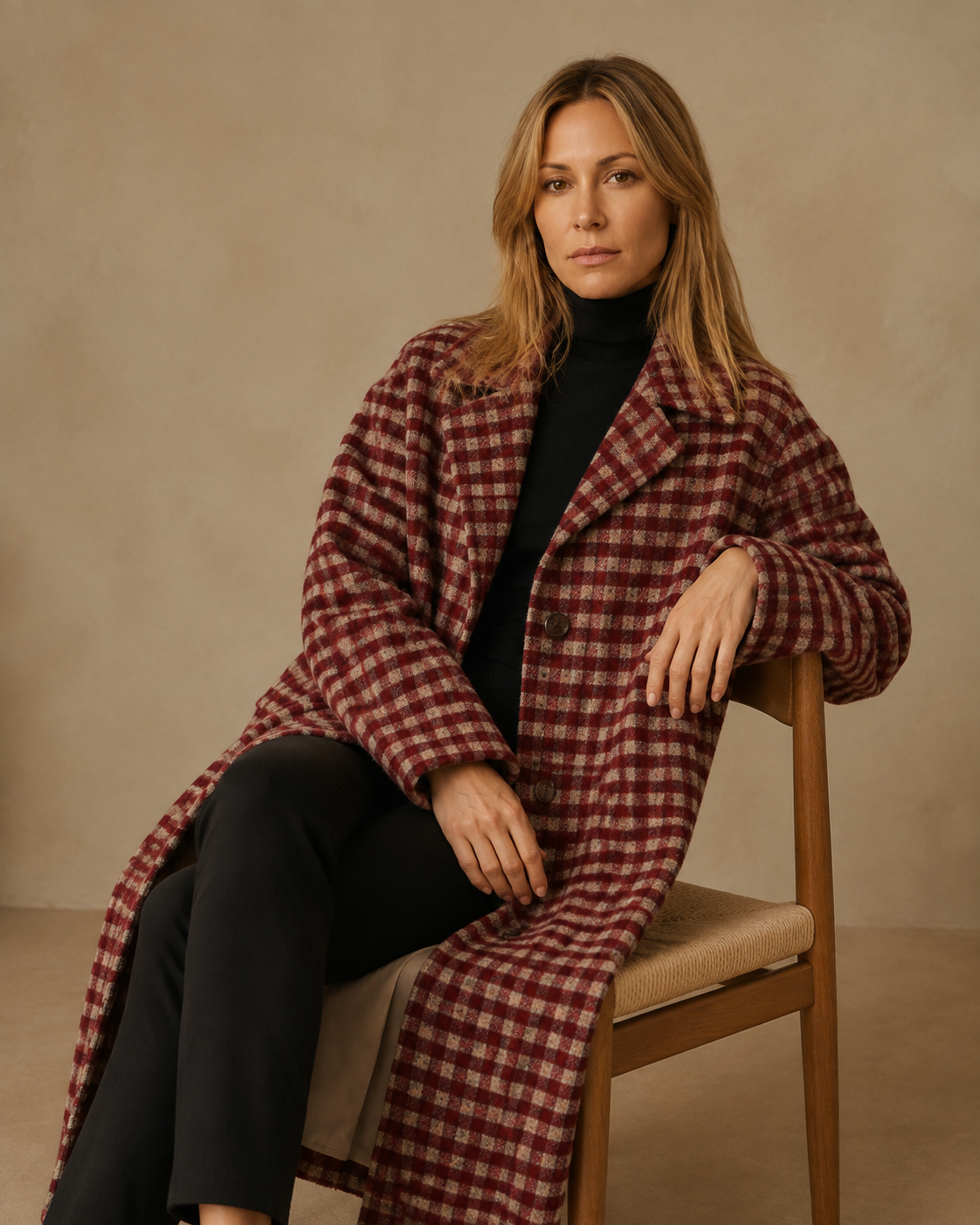 Women's Long Plaid Button-Front Coat for Smart Layering in Red, 03 seated or leaning, worn by model