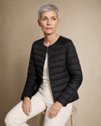 Women's Lightweight Down-Filled Quilted Jacket for Layering in Black, 03 seated or leaning, worn by model