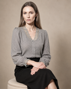 Women's V-Neck Lace Trim Button-Front Top in Gray, 03 seated or leaning, worn by model