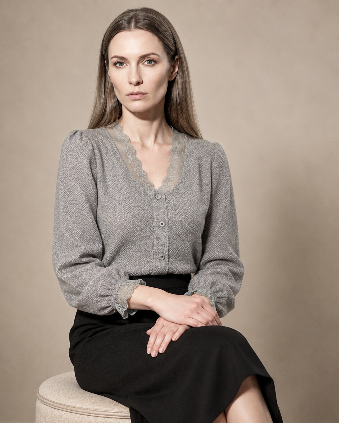 Women's V-Neck Lace Trim Button-Front Top in Gray, 03 seated or leaning, worn by model